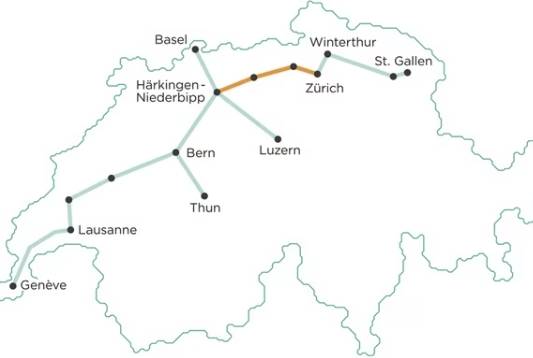 Carte des 500 km de tunnels Cargo sous terrain prévus en Suisse